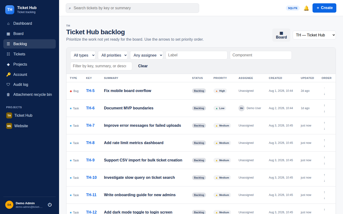 Separate Backlog screen with ticket list and filters