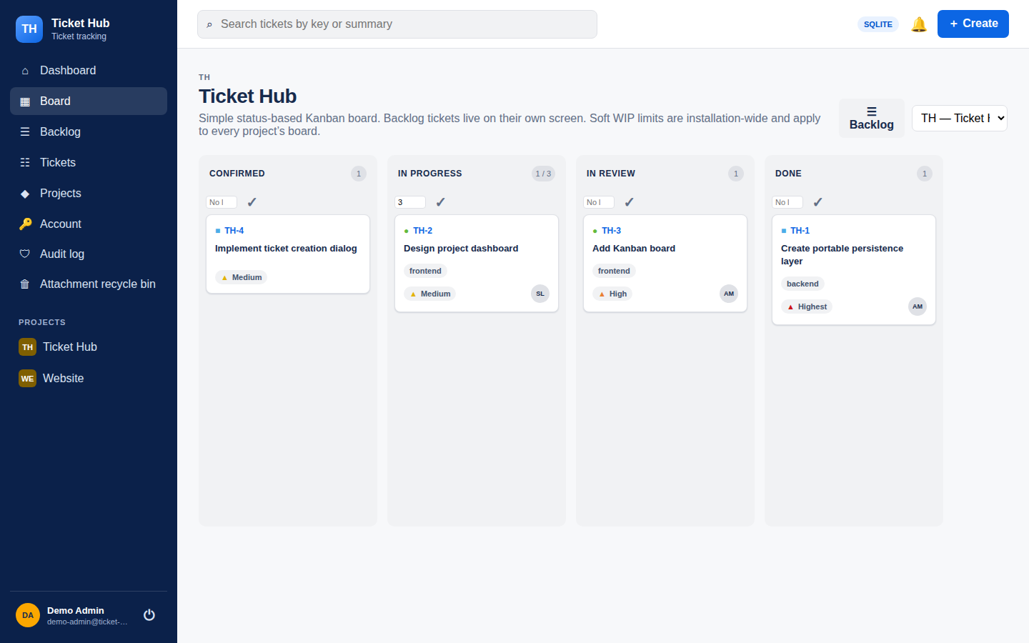 Ticket Hub Kanban board with Confirmed, In Progress, In Review, and Done columns