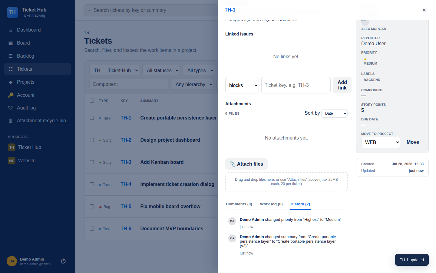 Ticket Hub ticket detail with fields, comments, and activity history